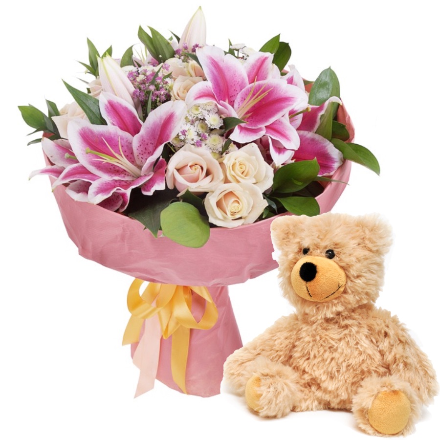 delicate bouquet with teddy bear