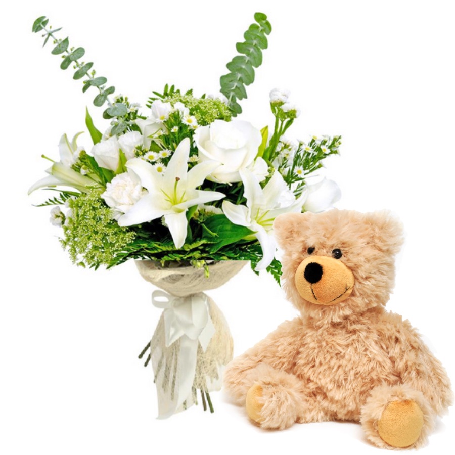 white flowers and teddy bear