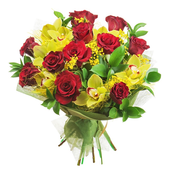 yellow orchids and red roses