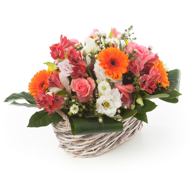 basket of roses and gerberas