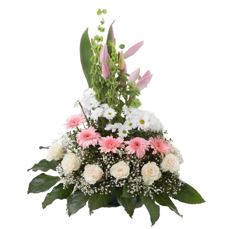 white and pink funeral arrangement
