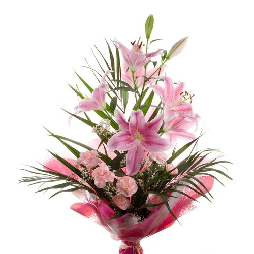 funeral bouquet of pink lilies