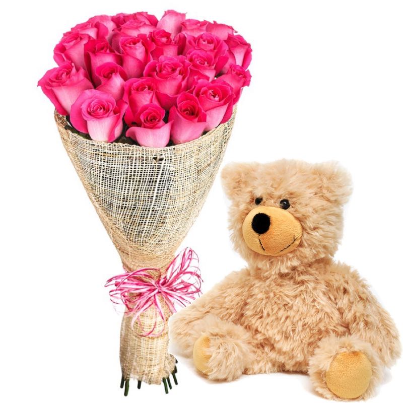 bouquet pink roses and teddy bear