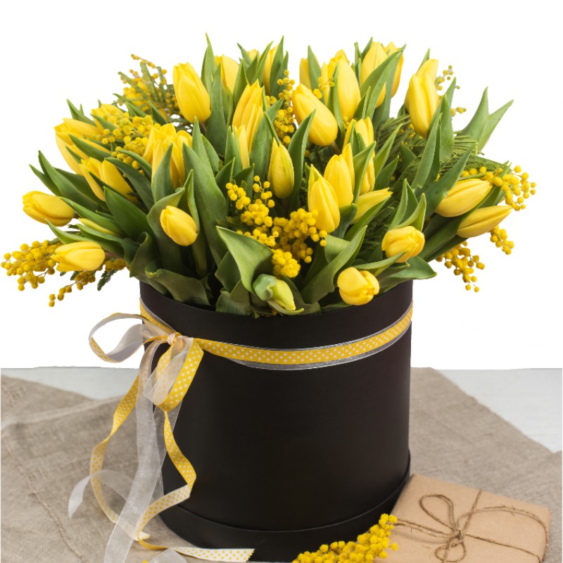 box of tulips and mimosas