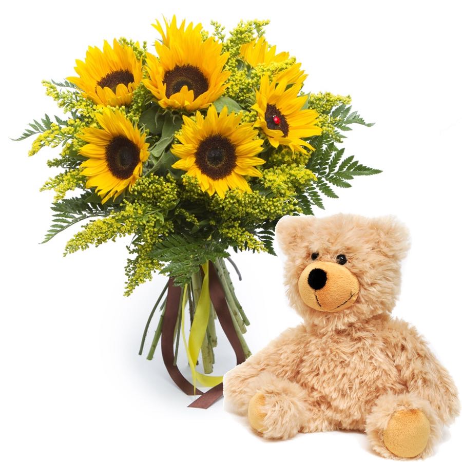 sunflowers and teddy bear