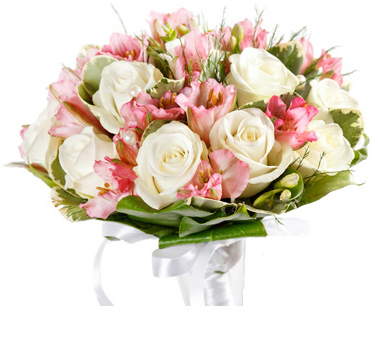 pink alstromerias, white roses and fresias