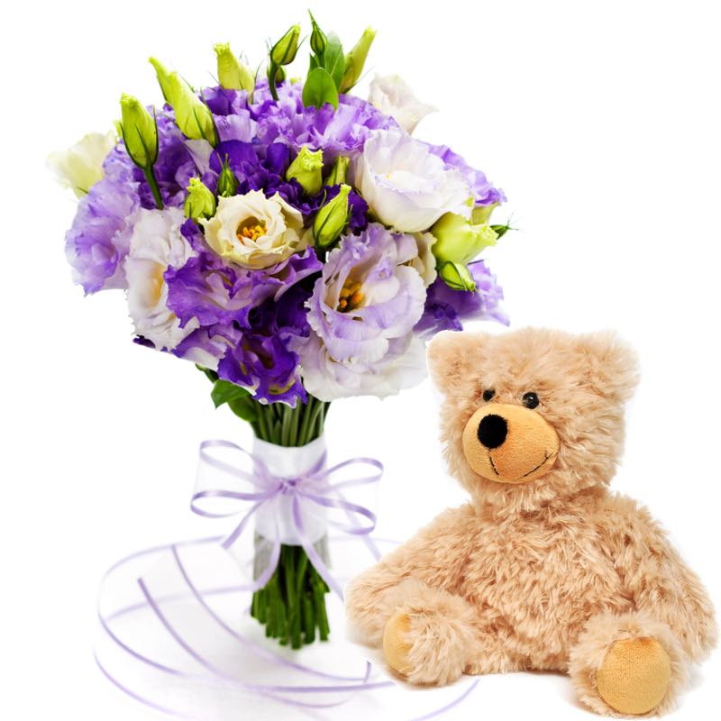 blue flowers with teddy bear