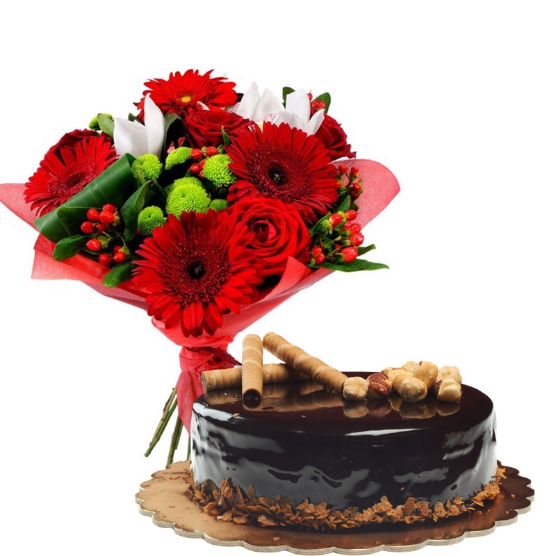 mixed red flowers and chocolate cake