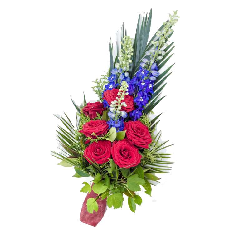 funeral bouquet of red roses and blue flowers