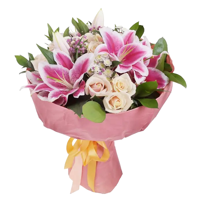 pink lilies and white roses
