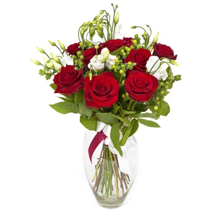 red roses and white lysianthus