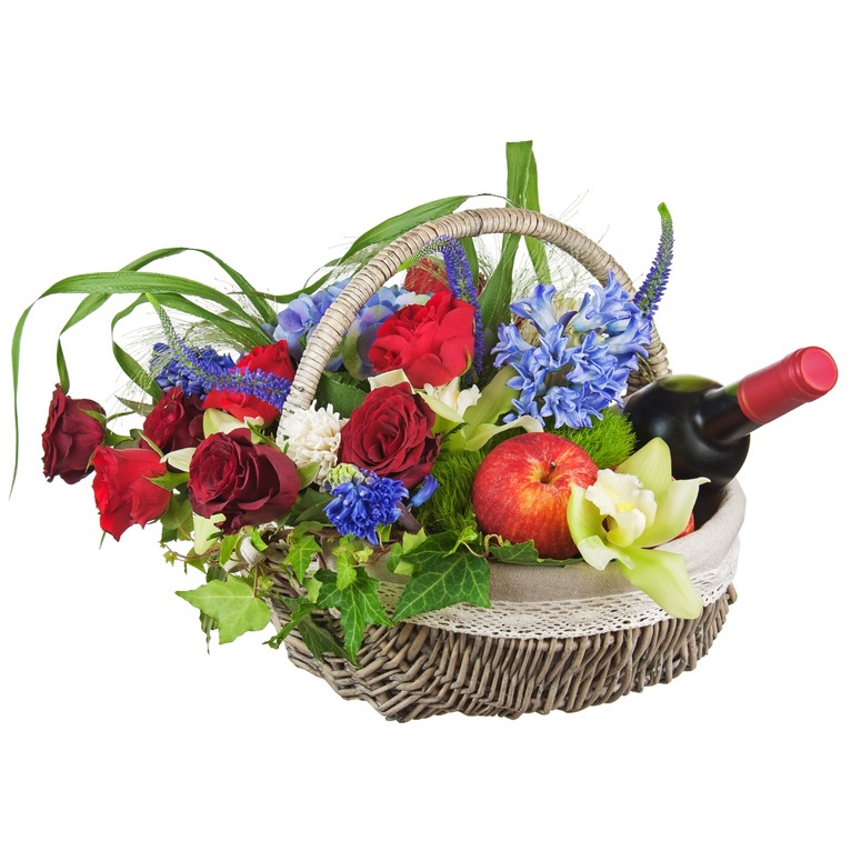 basket of flowers fruits and wine