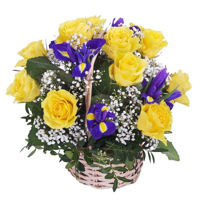 basket roses and iris