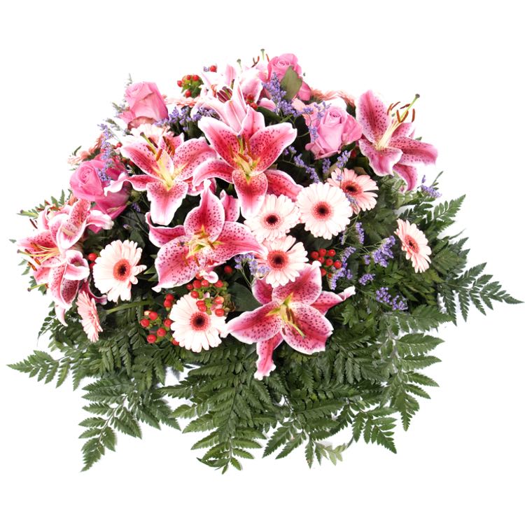 funeral spray with pink lilies 