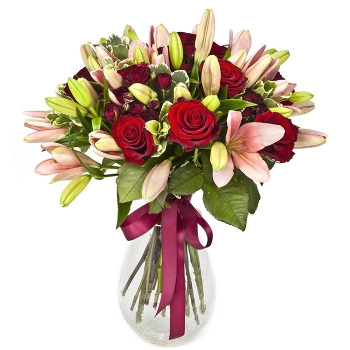 bouquet of pink lilies and red roses