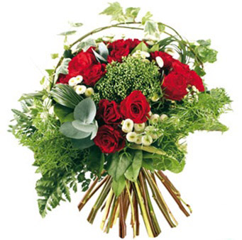 red roses and mixed greenery
