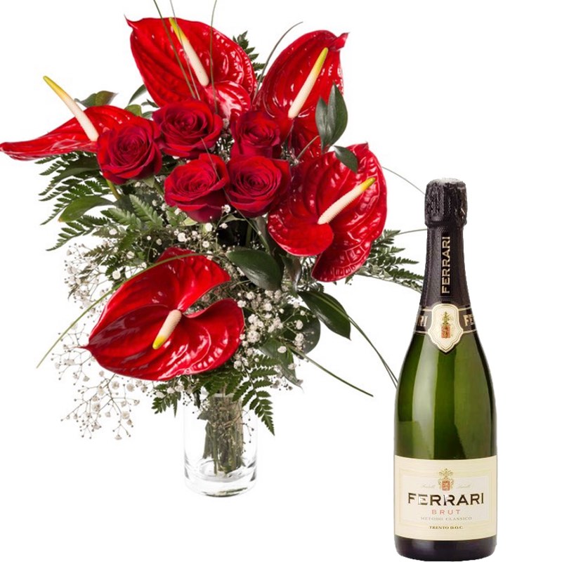 red roses and anthurium with champagne
